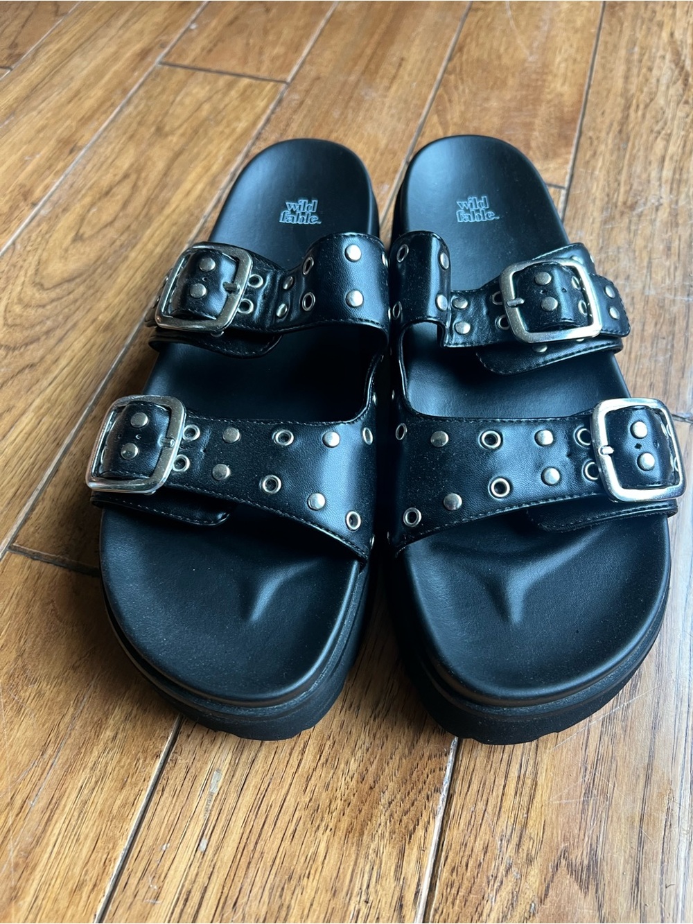wild fable Black Studded Double-Buckle Slide Sandals